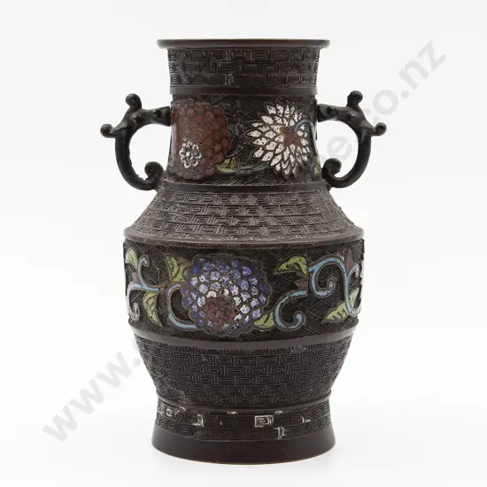 C19th Chinese Bronze & Champleve Two Handled Vase
