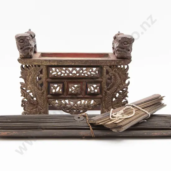 Antique Carved Wooden Temple Stand & Two Lontar Balinese Prayer Books