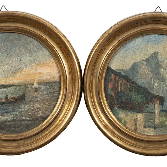 Two Circular Oil Paintings - Mountain Landscape and Boats at Sea