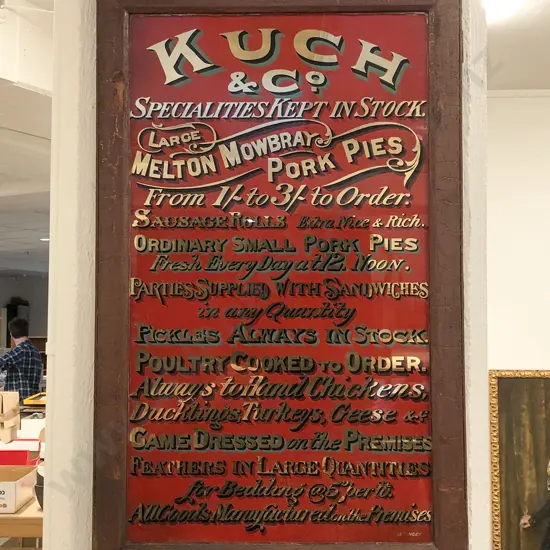 Vict Kuch & Co Red & Gilt Glass Advertising Sign By R E Tingey