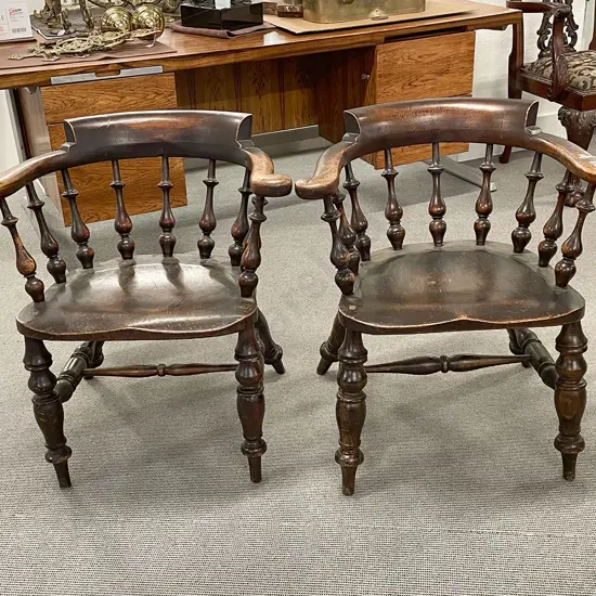 Pair Victorian Pine & Elm Smokers Bow Armchairs