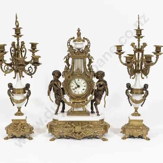 Ornate Italian Brass & Alabaster Clock Garniture