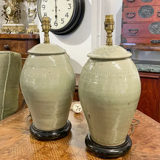 Pair of Celadon Glazed Table Lamps