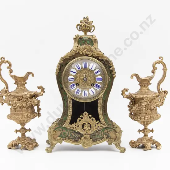C19th French Green Tortoiseshell & Ormolu Boulle Mantel Clock