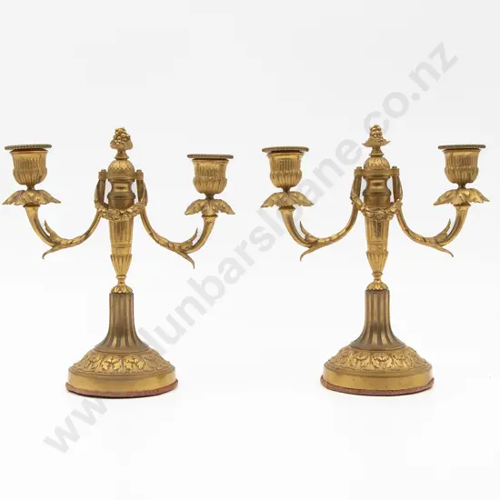 Pair C19th French Gilt Bronze Twin Branch Candleabra