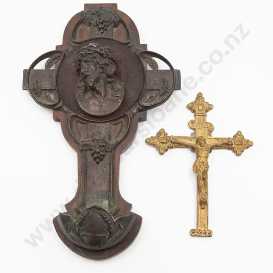 Antique Rosewood & Cast Bronze Cruciform Holy Water Font