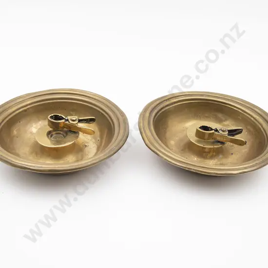 Unusual Pair Of Antique Brass Dished Candleholders
