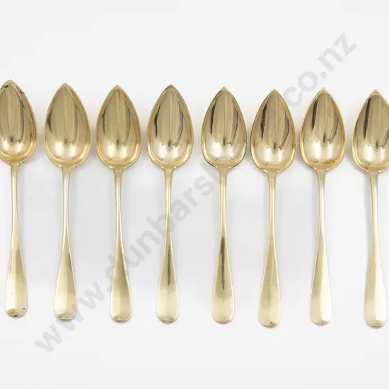 Set Of Eight European Silver Gilt Grapefruit Spoons