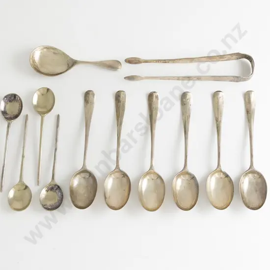 Six S/S Teaspoons, Geo III Sugar Tons, Caddy Spoon & Four S/Plate Coffee Spoons
