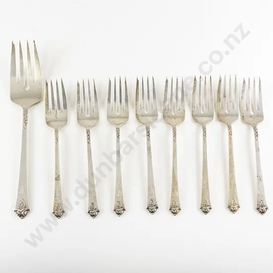 Set Of Nine American Royal Crest Castle Rose Pattern S/S Dessert Forks