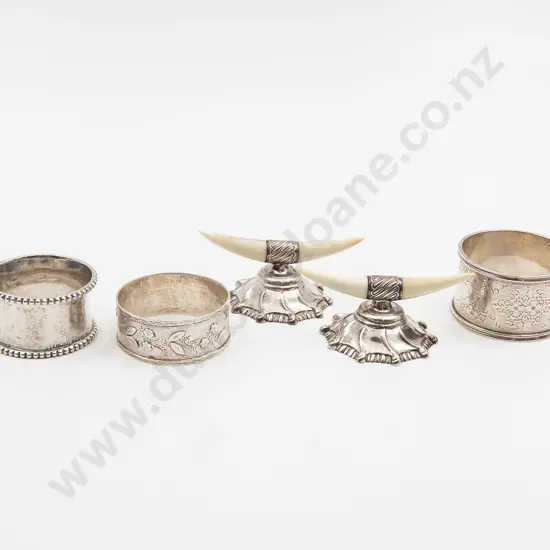 Pair Vict S/S & Ivory Knife Rests & Three S/S Napkin Rings