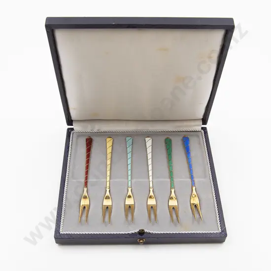 Cased Set Of Six Danish S/S Gilt & Enamel Pickle Forks