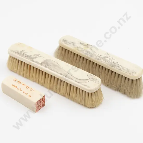 Two Antique Ivory Scrimshaw Backed Brushes