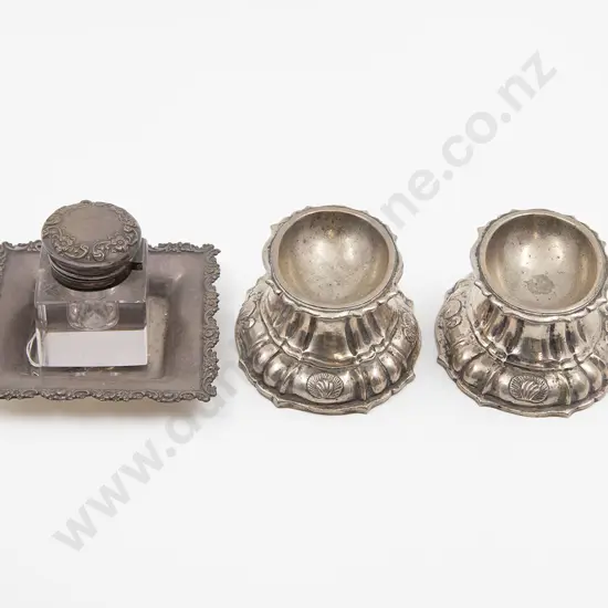 S/S Pin Dish & S/S Topped Inkwell & Pair S/Plate Salts