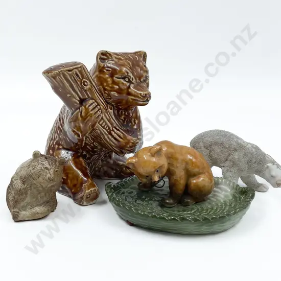 English Ceramic Bear Salt Shaker with Three Other Bear Ornaments