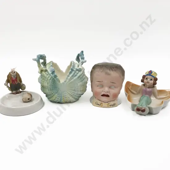 Victorian Bisque Novelty with Shell Form Vase and Two Novelty Vintage Ashtrays