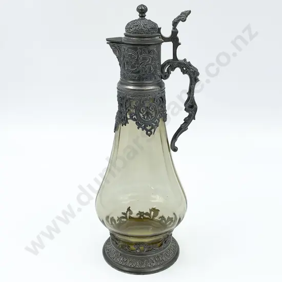 Amber Glass Claret Jug with Ornate Pewter Mounts