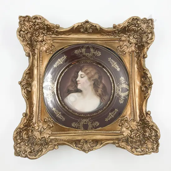 Gilt Framed Porcelain Plate with Central Edwardian Style Portrait