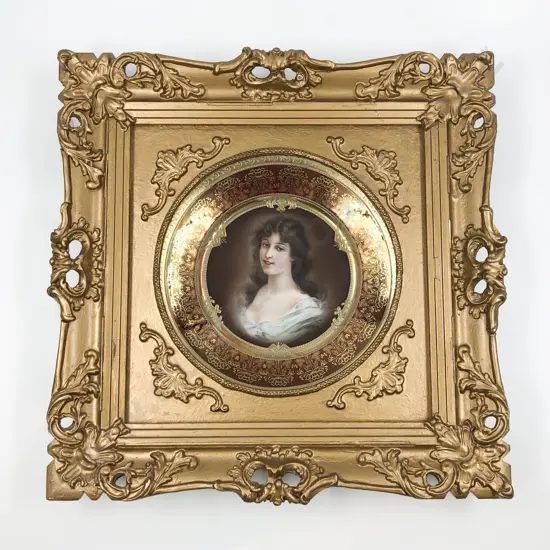 Gilt Framed Porcelain Plate with Central Edwardian Style Portrait