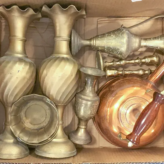 Box of Assorted Copper and Brass incl Kettle and Candlesticks