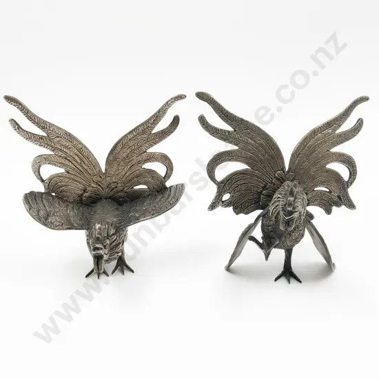 Pair of Small white Metal Cockerel Ornaments