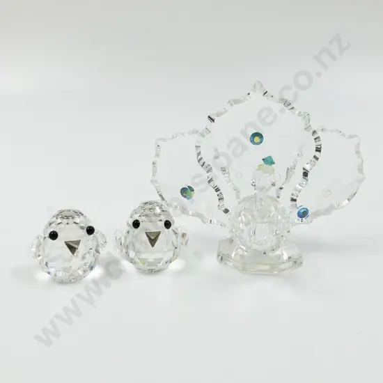 Two Tiny Swarovski Crystal Birds and Crystal Peacock