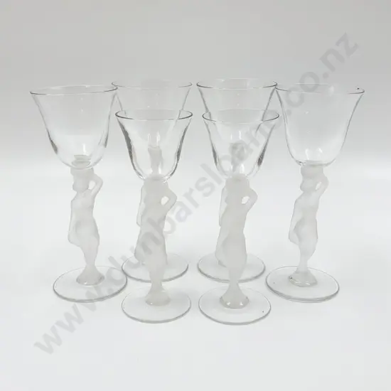 Four Sherry and Two Port Glasses with Frosted Goddess Form Stems