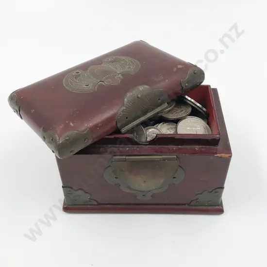 Small Metal Bound Wooden Box with Mixed Coinage