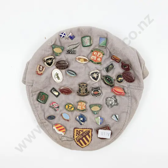 Cheesecutter Hat With Assorted Rugby Themed Badges