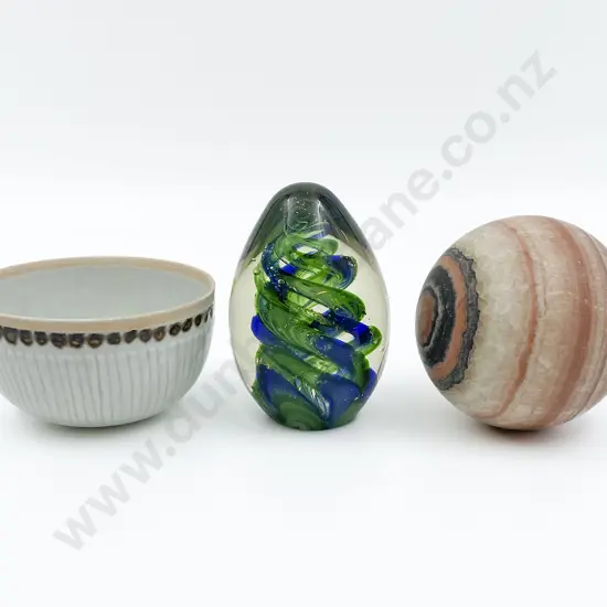 Art Glass Paperweight Together With Hardstone Carpet Ball Etc.