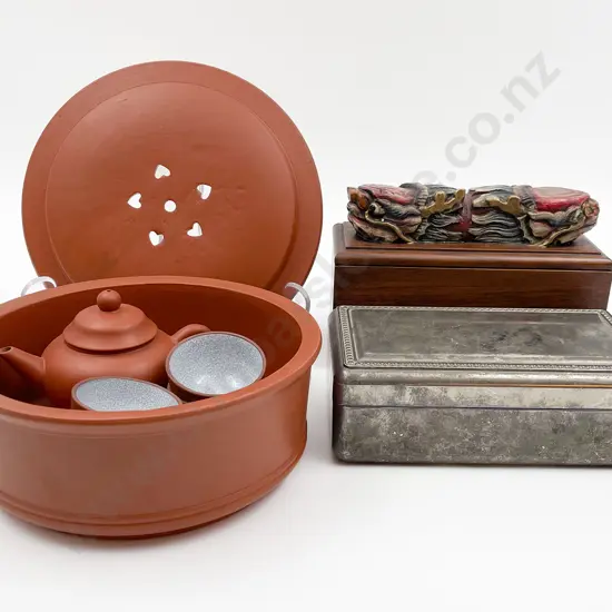Small Japanese Terracotta Tea Set Together With Two Vintage Jewellery Boxes