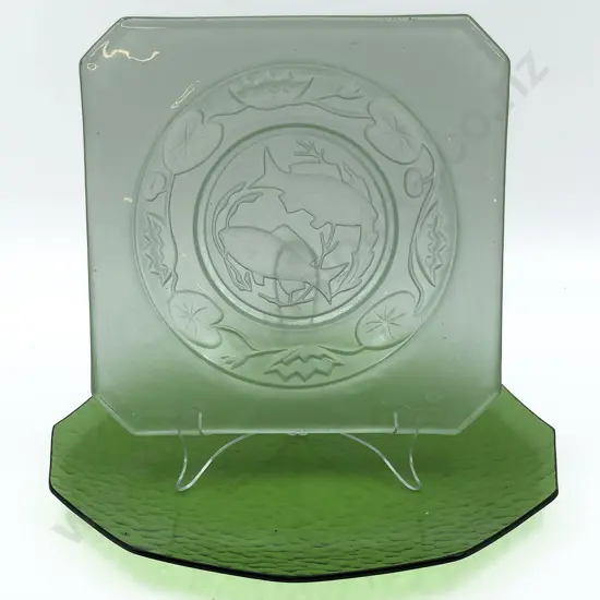Pressed Glass Fish Plate Together With Other Green Glass Platter