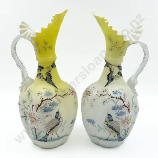 Pair of Hand Painted Art Glass Jugs