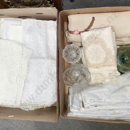 Two Boxes of Assorted Vintage Linens Etc.