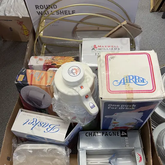Two Boxes of Assorted Incl. Wall Shelf and Boxed Glassware Etc.