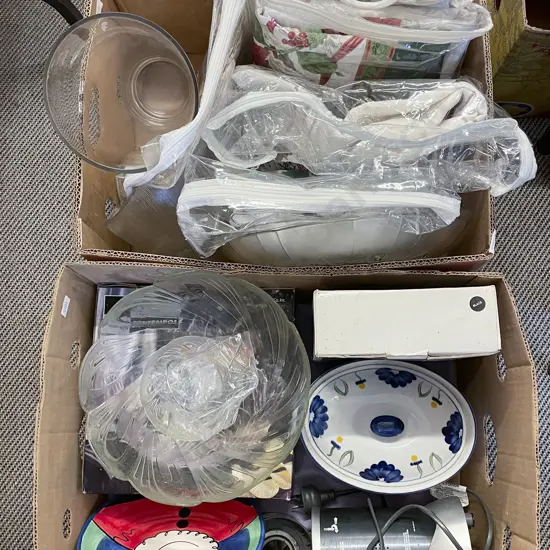 Two Boxes of Assorted Incl. Glassware and Linens Etc.
