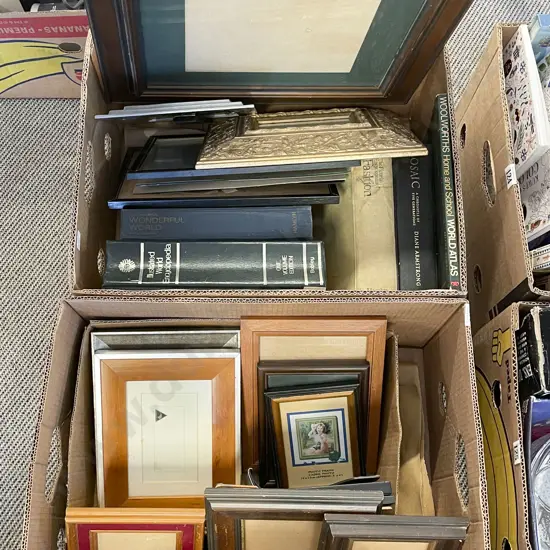 Two Boxes of Assorted Books and Empty Frames