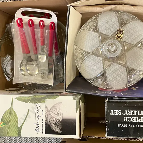 Box of Assorted Cutlery and Boxed Crystal Etc.