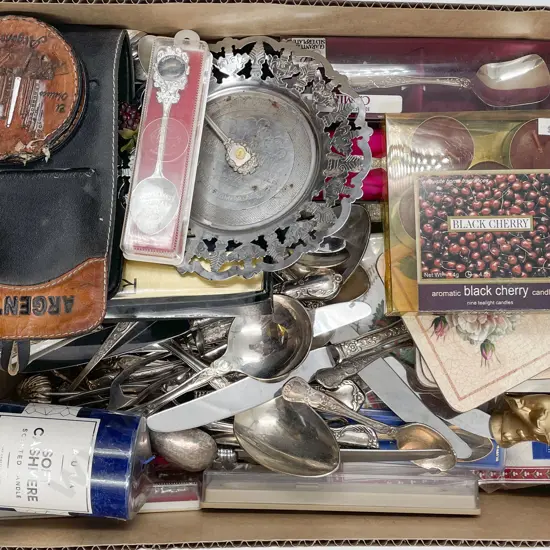 Box of Assorted Cutlery and Souvenir Spoons Etc.