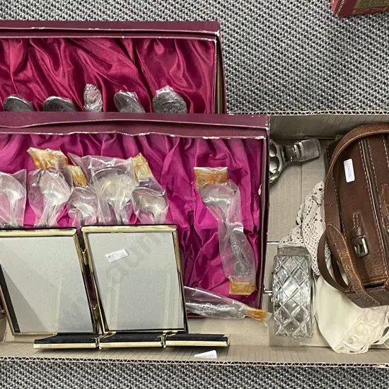 Box of Assorted Cutlery and Picture Frames Etc.