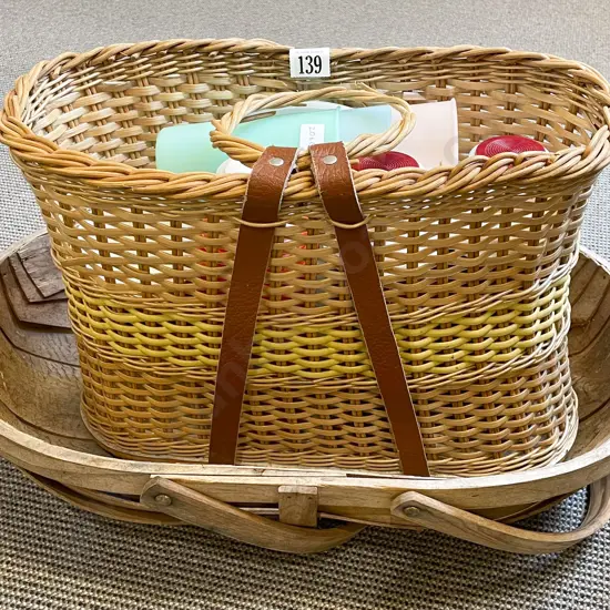 Quantity of Assorted Vintage Picnic Items in Wicker Basket Together With Other Basket