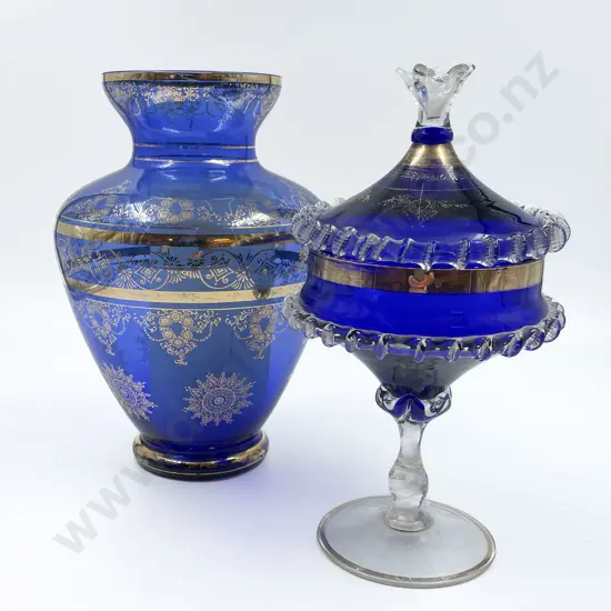 Two Pieces of Decorative Blue Art Glass