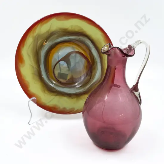 Cranberry Glass Jug Together With Art Glass Plate