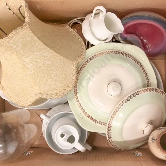Box of Assorted China Together With Lamp Etc.