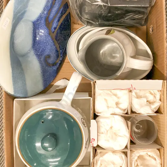 Box of Assorted Incl. Art Glass and Denby Stoneware Etc.