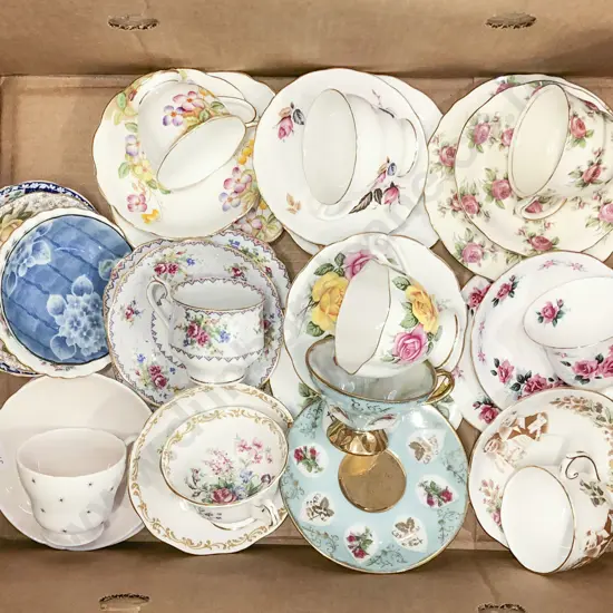 Box of Assorted Fancy China Trios Etc. Incl. Shelley and Royal Albert