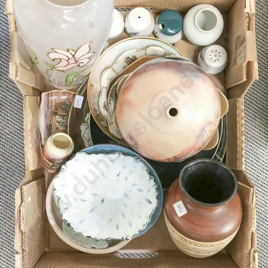 Box of Assorted Incl. Pottery with China and Glass Vase