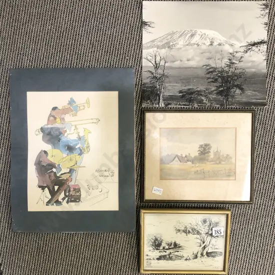 Small English Watercolor by E. E. Hayes Together With Jazz Watercolor and Two Other Works (4)