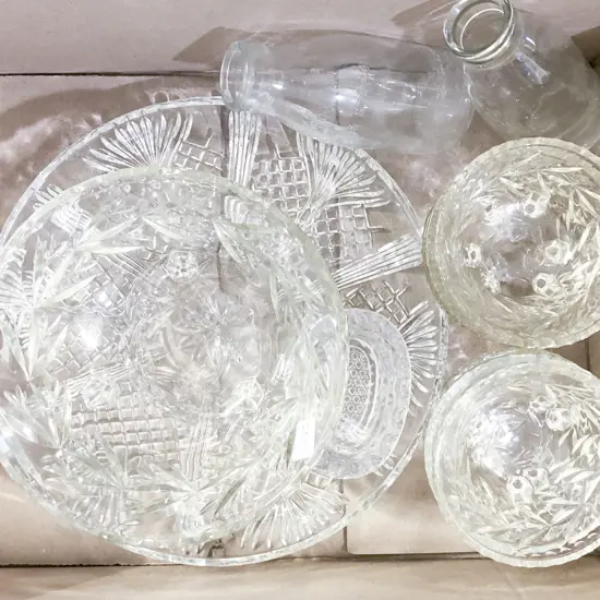 Box of Assorted Pressed Glassware Etc.
