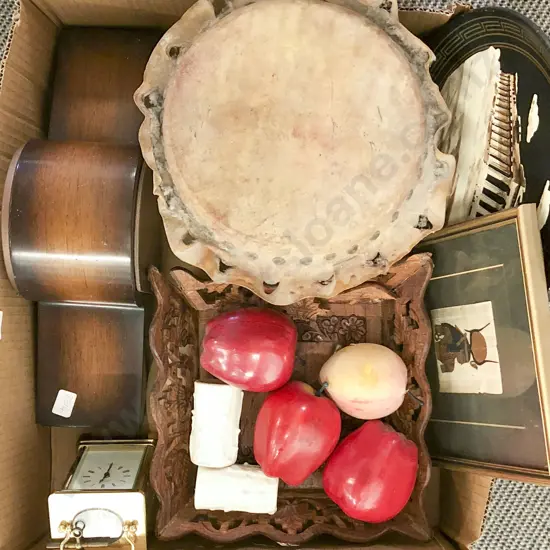 Box of Assorted Incl. Mantle Clock and Decorative Fruit Etc.